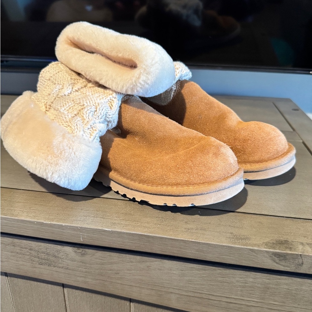 UGG Tan Suede Boots with Cream Knit Cuff